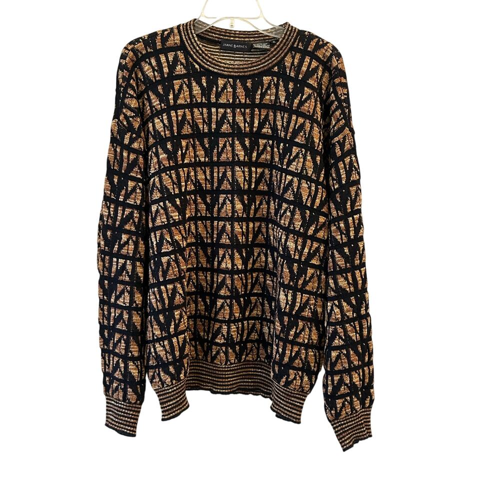 JHANE BARNES Men’s XL Abstract Knit Sweater Brown Black Crew Neck Cotton Blend